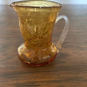 Vintage Amber Pitcher Creamer Crackle Glass Hand Blown Applied Handle W Pontil